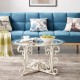 Glass Coffee Table with Sturdy Iron Leaf-shape Base, Leisure Cocktail Table with Tempered Glass Top for Living Room, Dining Room (White)