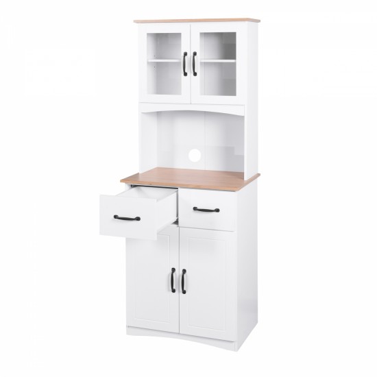 Wooden Kitchen Cabinet White Pantry Room Storage Microwave Cabinet with Framed Glass Doors and Drawer