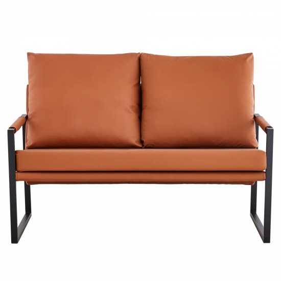 Modern Two-Seater Sofa Chair with 2 Pillows - PU Leather, High-Density Foam, Black Coated Metal Frame.Brown  SF-D008