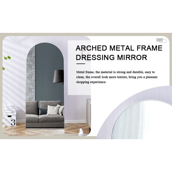 The 4th generation floor standing full-length rearview mirror. Aluminum alloy metal frame arched wall mirror, bathroom makeup mirror, floor standing mirror with bracket. Silver 71 