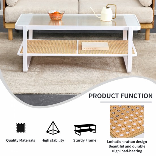 Modern minimalist white double layered solid wood coffee table. Glass tabletop, imitation rattan  edge table. Rectangular table suitable for living room, dining room, and bedroom