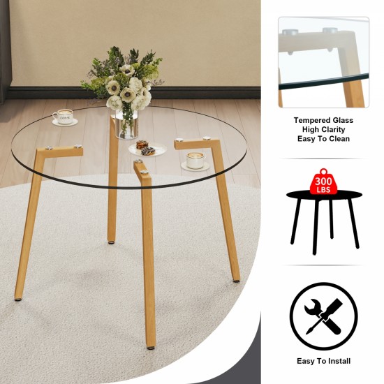 Modern minimalist style circular transparent tempered glass dining table, tempered glass tabletop and wooden colored metal legs, suitable for kitchen, dining room, and living room, 42