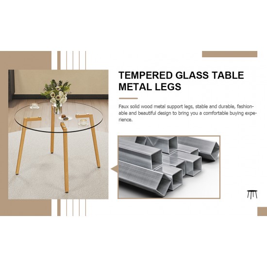Modern minimalist style circular transparent tempered glass dining table, tempered glass tabletop and wooden colored metal legs, suitable for kitchen, dining room, and living room, 42