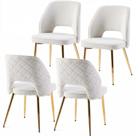 Off White Faux Fur Dining Chairs with Metal Legs and Hollow Back Upholstered Dining Chairs Set of 4