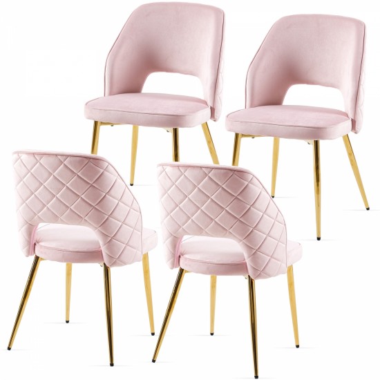 Pink Velvet Dining Chairs with Metal Legs and Hollow Back Upholstered Dining Chairs Set of 4