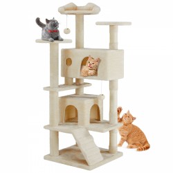 54in Cat tree, indoor cat high-rise multi-story tower, pet playroom with large apartment, beige