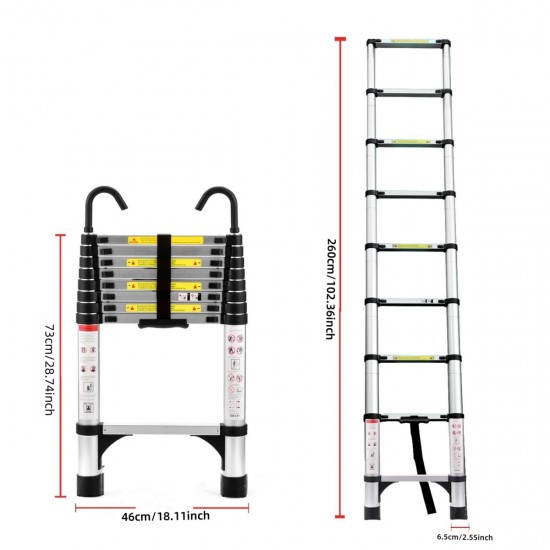 8.5FT telescopic ladder, telescopic aluminum alloy multi-purpose folding telescopic ladder with hooks and triangular support frame, suitable for outdoor work at home or RV