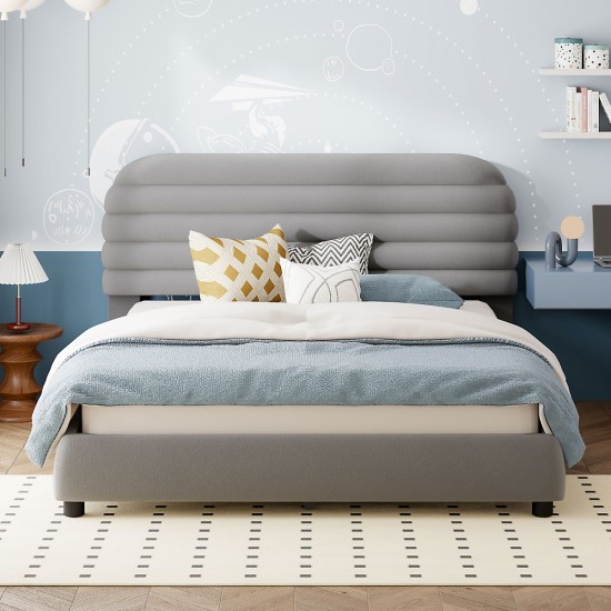 Queen Size Velvet Upholstered Platform Bed,Solid Frame and Stylish Curve-shaped Design, Gray