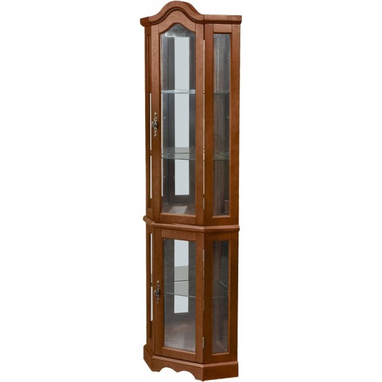 Corner Curio Cabinet with Lights, Adjustable Tempered Glass Shelves, Mirrored Back, Display Cabinet,Walnut(E26 light bulb not included)