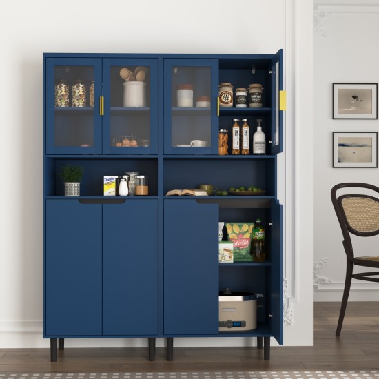 Tall Storage Show Cabinet with 2 Glass Display Door & 2 Doors, Tall Kitchen Pantry Cabinet with Gold Handles, Modern Cabinet Freestanding for Bathroom, Dining Living Room, Blue