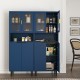 Tall Storage Show Cabinet with 2 Glass Display Door & 2 Doors, Tall Kitchen Pantry Cabinet with Gold Handles, Modern Cabinet Freestanding for Bathroom, Dining Living Room, Blue