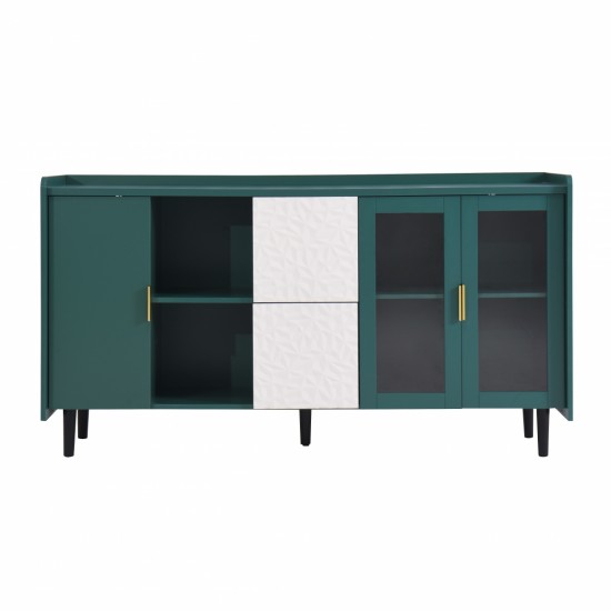 Modern Kitchen Pantry Storage Cabinet , 55 Inch Coffee Bar Storage Cabinet with 2 Drawers, 2 Open Storage Compartment & 2 Glass Doors, Wood Buffet Table for Kitchen, Living Room, Green