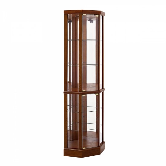 6 Shelf Lighted Corner Curio Cabinet with Adjustable Tempered Glass Shelves and Mirror Back, Walnut(E26 light bulb not included)