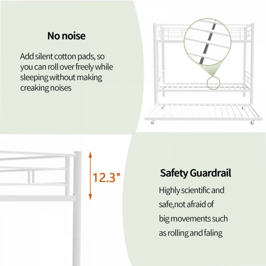 Heavy-duty Sturdy Meta Twin over Twin with Trundle Bunk Bed/l/ Noise Reduced/ Safety Guardrail/No Box Spring Needed,White