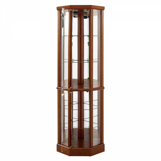 6 Shelf Lighted Corner Curio Cabinet with Adjustable Tempered Glass Shelves and Mirror Back, Walnut(E26 light bulb not included)