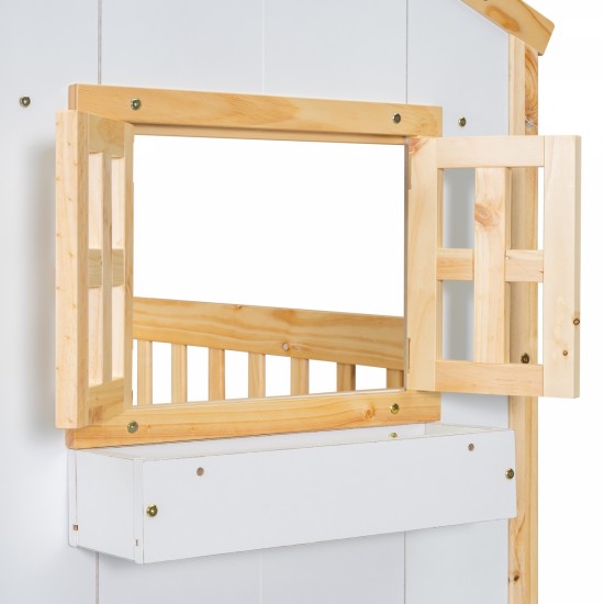 Twin over Twin House Bunk Bed with Roof , Window, Window  Box, Door , with Safety Guardrails and Ladder, Natural/White