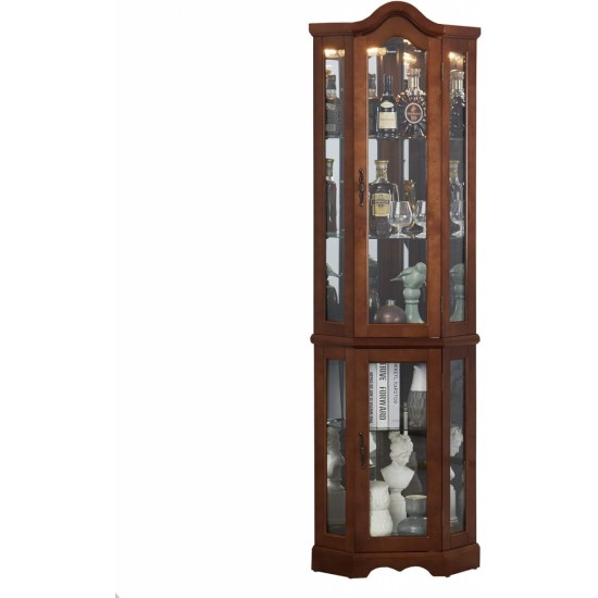 Corner Curio Cabinet with Lights, Adjustable Tempered Glass Shelves, Mirrored Back, Display Cabinet,Walnut(E26 light bulb not included)