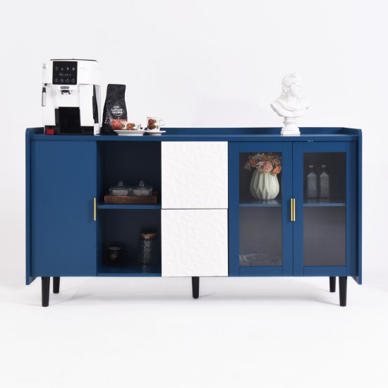 Modern Kitchen Pantry Storage Cabinet , 55 Inch Coffee Bar Storage Cabinet with 2 Drawers, 2 Open Storage Compartment & 2 Glass Doors, Wood Buffet Table for Kitchen, Living Room, Blue