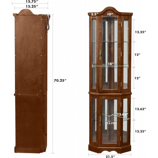 Corner Curio Cabinet with Lights, Adjustable Tempered Glass Shelves, Mirrored Back, Display Cabinet,Walnut(E26 light bulb not included)