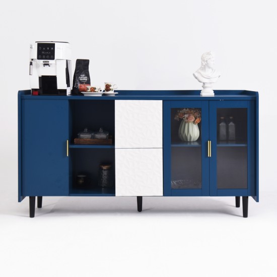 Modern Kitchen Pantry Storage Cabinet , 55 Inch Coffee Bar Storage Cabinet with 2 Drawers, 2 Open Storage Compartment & 2 Glass Doors, Wood Buffet Table for Kitchen, Living Room, Blue