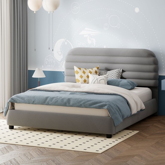 Queen Size Velvet Upholstered Platform Bed,Solid Frame and Stylish Curve-shaped Design, Gray