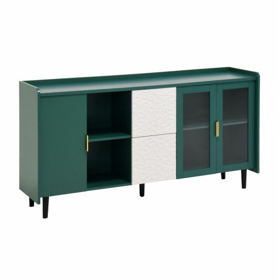 Modern Kitchen Pantry Storage Cabinet , 55 Inch Coffee Bar Storage Cabinet with 2 Drawers, 2 Open Storage Compartment & 2 Glass Doors, Wood Buffet Table for Kitchen, Living Room, Green