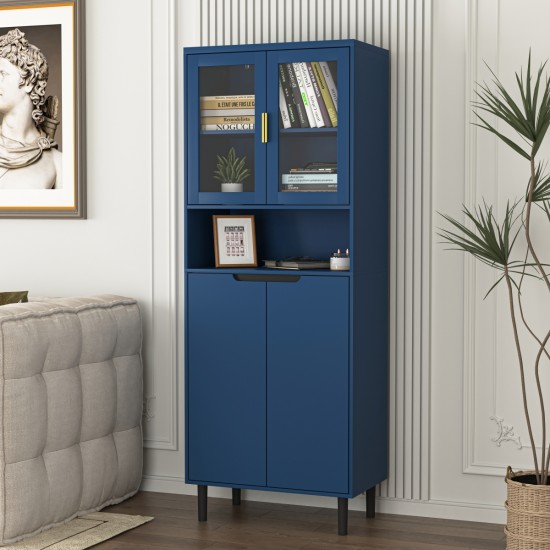 Tall Storage Show Cabinet with 2 Glass Display Door & 2 Doors, Tall Kitchen Pantry Cabinet with Gold Handles, Modern Cabinet Freestanding for Bathroom, Dining Living Room, Blue