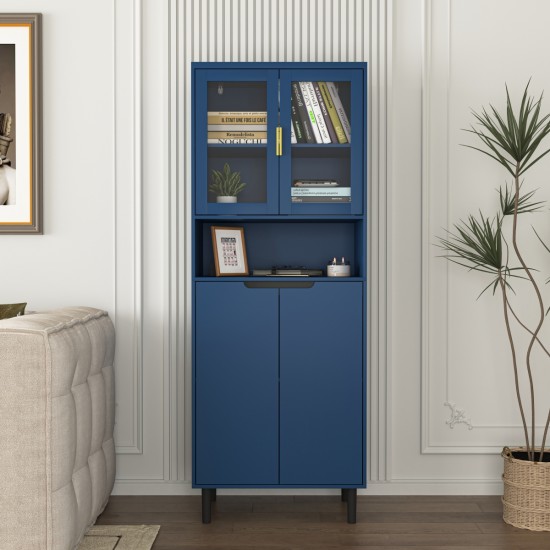 Tall Storage Show Cabinet with 2 Glass Display Door & 2 Doors, Tall Kitchen Pantry Cabinet with Gold Handles, Modern Cabinet Freestanding for Bathroom, Dining Living Room, Blue