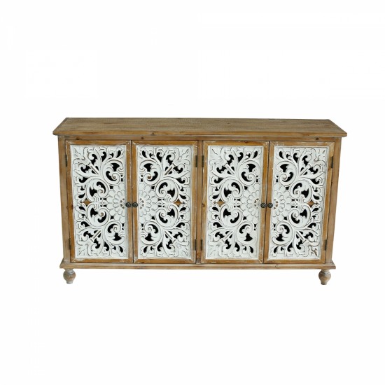 Accent Cabinet with 4 Doors, Farmhouse Sideboard Buffet Cabinet with Storage, Modern Credenza Storage Cabinet with Wood Carved Floral Doors for Living Room, Dining Room, Entryway, Hallway, Kitchen