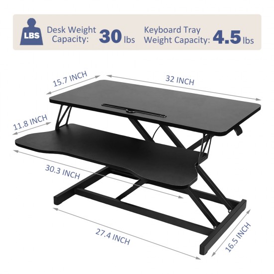 32 Inch Desk Converter, Height Adjustable Sit to Stand Riser, Dual Monitor and Laptop Workstation with Wide Keyboard Tray, Black