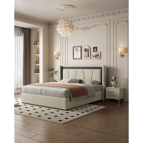 Queen Size, Cotton and Linen Fabric, Pneumatic Bed, with Storage Space under the Bed, Stable Bed Structure,Light Gray