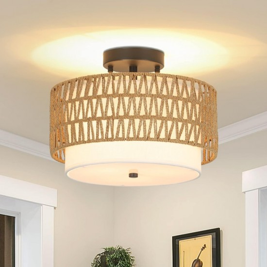 3-Light Semi Flush Mount Ceiling Light Fixture, Boho Rattan Light Fixtures Ceiling, Farmhouse Drum Light with Fabric Shade, Woven Rattan Ceiling Lights for Bedroom Dining Room Foyer Kitchen Hallway