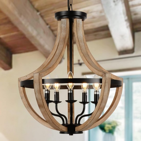 19 Inch Farmhouse Chandelier Light Fixtures, 5-Light Dining Room Light Fixtures Over Table, Solid Wood Modern Chandeliers for Dining Room Living Room Kitchen Island Bedroom Foyer, Height Adjustable, Brown