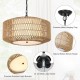 Farmhouse Chandelier Light Fixture,4-Light Rattan Boho Chandeliers for Dining Room with Fabric Shade,Hand Woven Large Rattan Dining Room Light Fixture for Kitchen Bedroom Island Hallway