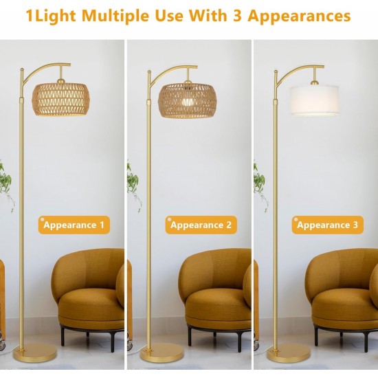 Arc Floor Lamp with 3 Color Temperatures, LED Gold Floor Lamp with Remote & Stepless Dimmable Bulb, Boho Standing Lamp with Rattan & Fabric Shades, Farmhouse Tall Lamp for Living Room Bedroom