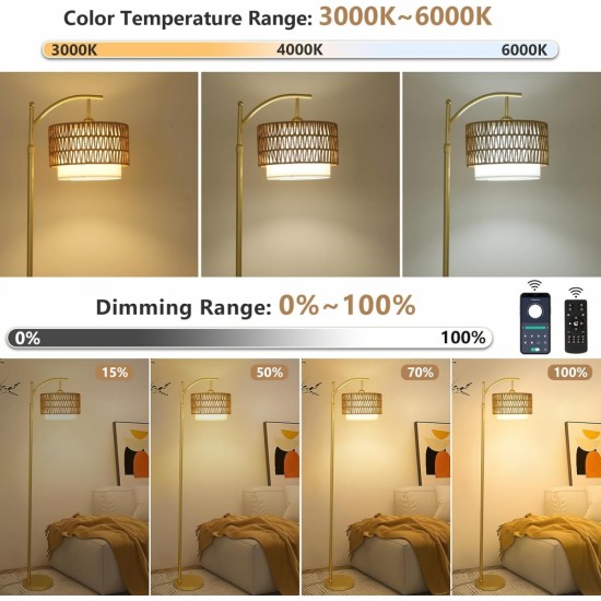 Gold Floor Lamps for Living Room with Remote & Dimmable LED Bulb, Modern Arc Floor Lamp with 3 Color Temperatures, Boho Standing Lamp with Rattan & Fabric Shades, Adjustable Tall Lamp for Bedroom