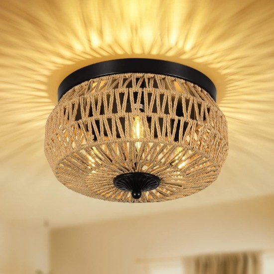 3-Lights Woven Rattan Flush Mount Ceiling Light Fixture with Hand-Worked Cage Shade for Bedroom, Kitchen, Foyer, Porch