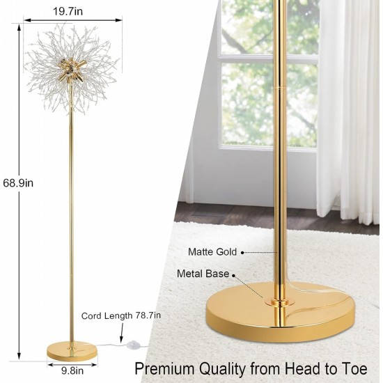 69 inch Crystal Floor Lamp, Modern Standing Lamp with K9 Crystal, LED Floor Lamp with On/Off Foot Switch, Metal Tall Pole Lamp for Living Room, Girls Room, Bedroom, Dresser, Office, Gold Finish