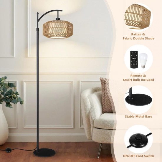 Arc Floor Lamps for Living Room, Dimmable Rattan Floor Lamp with Remote & LED Bulb, Mid Century Modern Standing Lamp with Double Shades, Boho Farmhouse Tall Pole Lamps for Bedroom Office