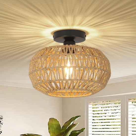 Rattan Light Fixtures Ceiling Mount,Boho Ceiling Light Fixture with Dimmable LED Bulb?Mini Hand Woven Rattan Chandelier Light Fixtures Ceiling for Bedroom Kitchen Entryway Living Room Hallway