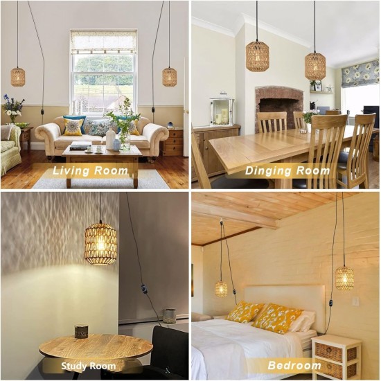 Plug in Pendant Light with LED Bulb, Rattan Hanging Lamp with 16ft Dimmable Cord, Hand Woven Wicker Plug in Chandelier, Boho Hanging Lights Fixture with Plug in Cord for Bedroom Hallway Foyer