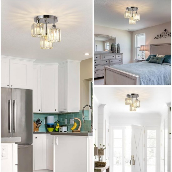 Semi Flush Mount Ceiling,3-Light Kitchen Mount,Hallway Light Fixtures Ceiling with Clear Crystal Shades for Kitchen Entryway Bedroom Bathroom Foyer