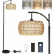 Arc Floor Lamp with Remote Control, Dimmable LED Floor Lamp with 3 Color Temperature, Black Standing Lamp with Rattan & Fabric Double Drum Shade, Boho Farmhouse Tall Pole Lamp for Living Room Bedroom