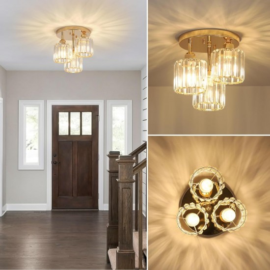 Modern Semi Flush Mount Ceiling Light,3-Light Crystal Close to Ceiling Light Fixtures,Golden Kitchen Light Fixtures with Clear Crystal Shade,Hallway Light Fixtures for Hallway Bedroom Bathroom