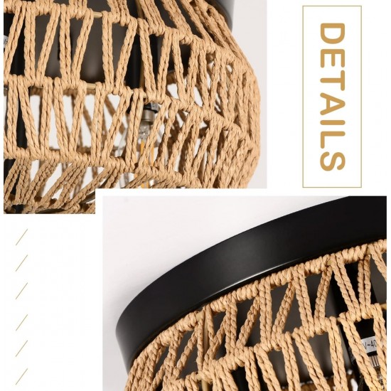 3-Lights Woven Rattan Flush Mount Ceiling Light Fixture with Hand-Worked Cage Shade for Bedroom, Kitchen, Foyer, Porch