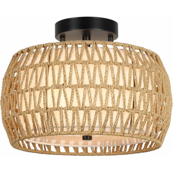 Boho Light Fixtures Ceiling Mount, Rattan Semi Flush Mount Ceiling Light, Farmhouse Light Fixtures with Fabric Shades, Kitchen Close to Ceiling Light Fixtures for Living Room Bedroom Hallway