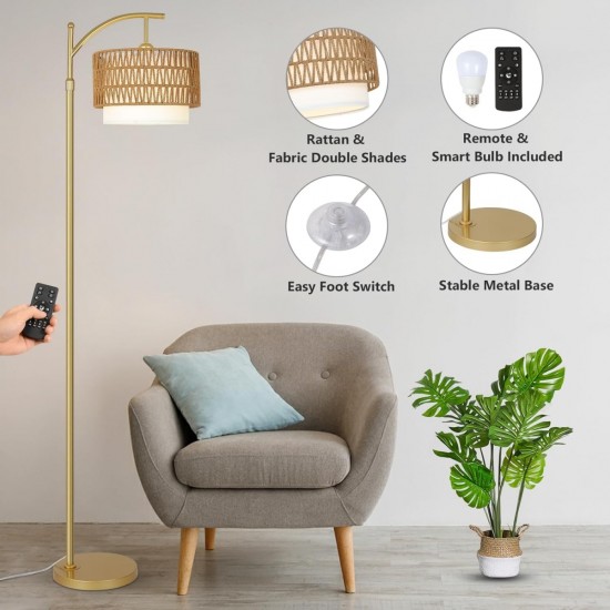 Gold Floor Lamps for Living Room with Remote & Dimmable LED Bulb, Modern Arc Floor Lamp with 3 Color Temperatures, Boho Standing Lamp with Rattan & Fabric Shades, Adjustable Tall Lamp for Bedroom