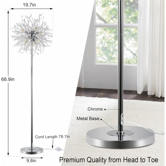 Crystal Floor Lamp for Bedroom, Floor Lamp for Living Room, Elegant Standing Lamp, 69 Inch Tall Pole Lamp, Modern Floor Lamp for Room Decor, 32 Firework Crystal Harnesses Included, Chrome Finish