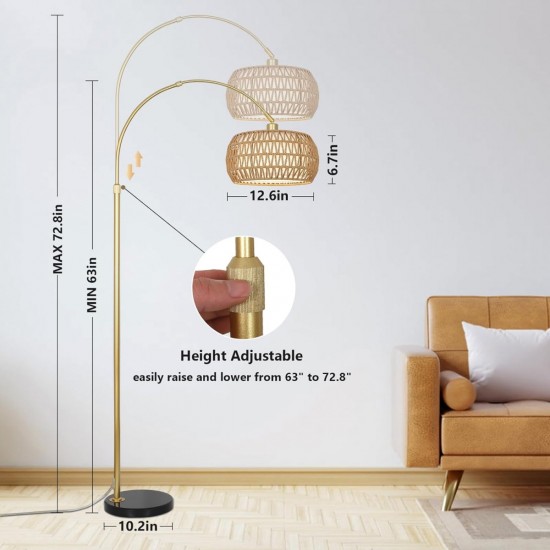 Gold Floor Lamps for Living Room, Arc Floor Lamp with Remote & Dimmable Bulb, Boho Rattan Standing lamp with 3 Color Temperatures, Height Adjustable Tall Lamp for Bedroom, Over Couch Reading Lamp