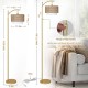 Gold Floor Lamps for Living Room with Remote & Dimmable LED Bulb, Modern Arc Floor Lamp with 3 Color Temperatures, Boho Standing Lamp with Rattan & Fabric Shades, Adjustable Tall Lamp for Bedroom